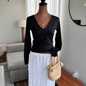 90s Style Balletcore Petro Nila Black Long Sleeve Top V Neckline Slim Fit Size S